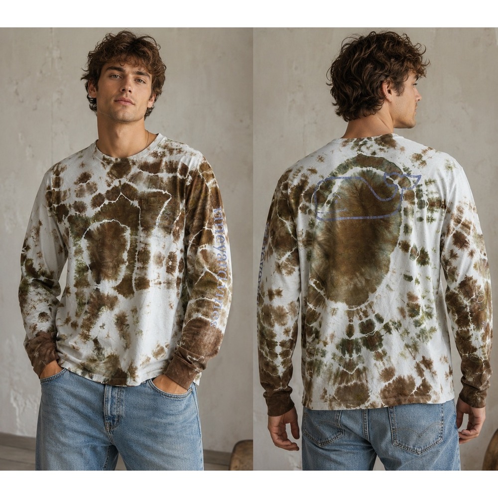 Vineyard Vines Shirt Mens Large Brown Tie Dye Long Sleeve‎ Pocket CUSTOM